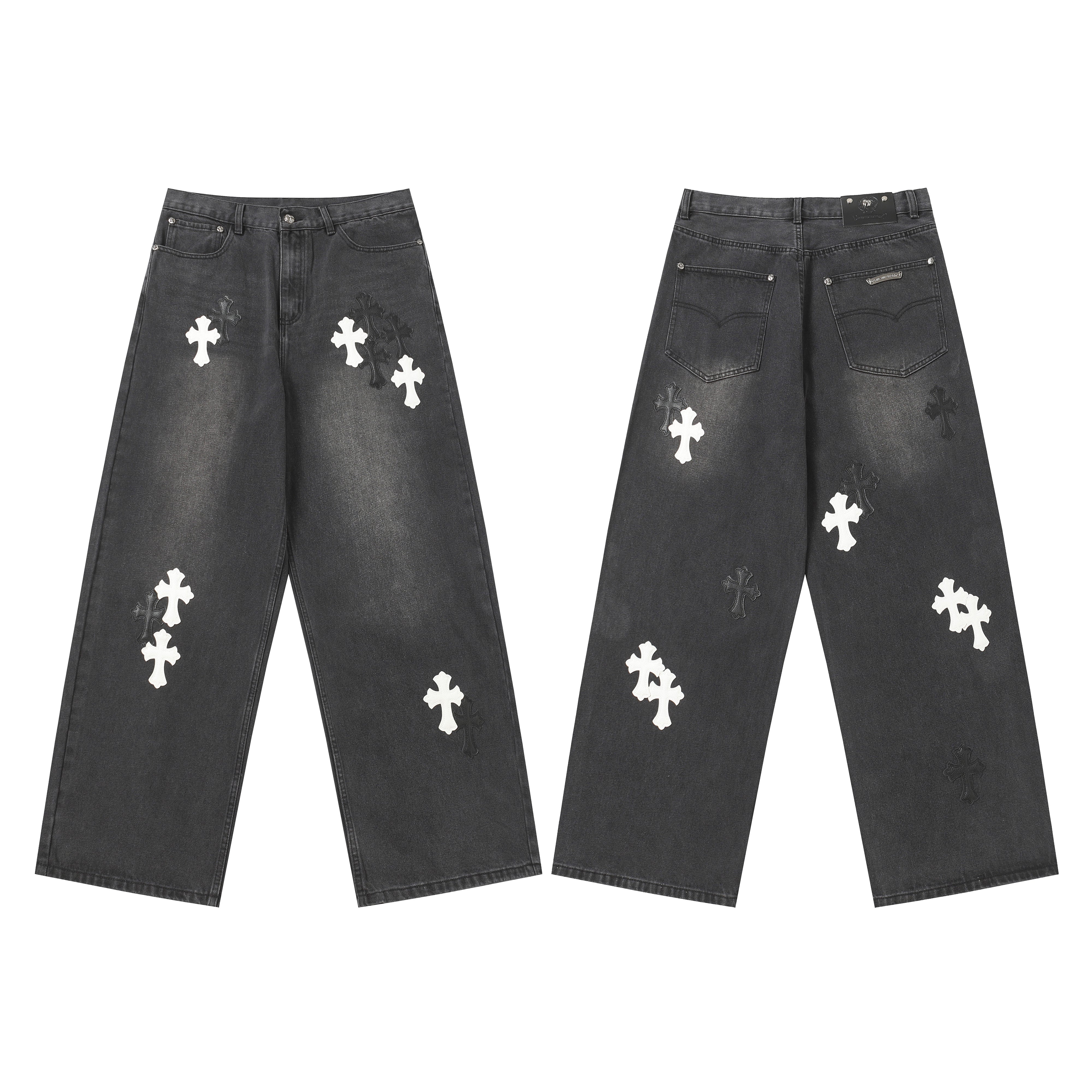 【Chrome Hearts】クロムハーツ ホワイト＆ブラック レザー クロスパッチ ジーンズ