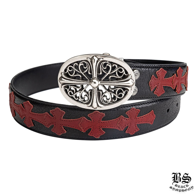 クロムハーツ クラシックオーバルクロスバックル＆プレーンブラックレザー1.5ホースシューリベット ベルトセット