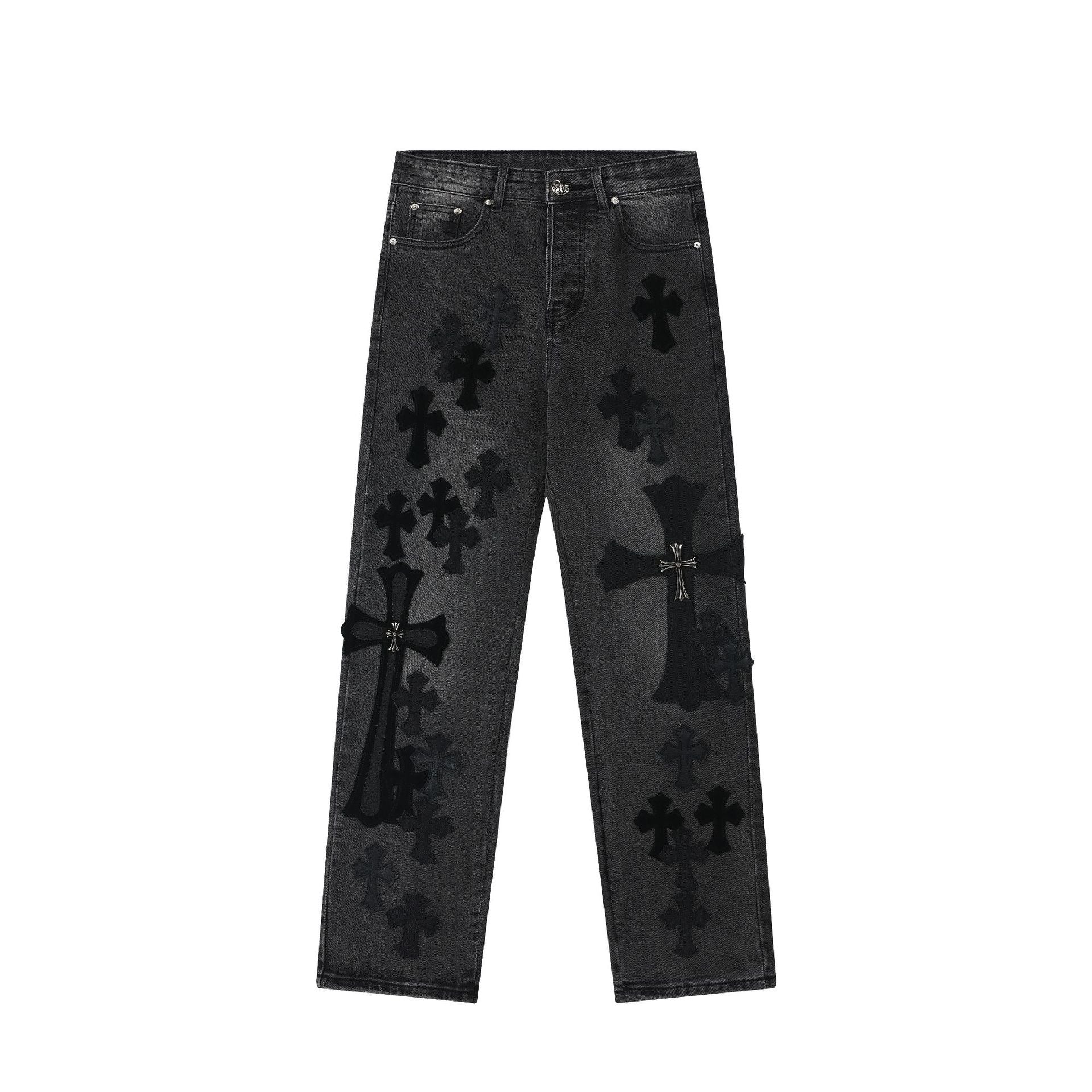 【Chrome Hearts】クロムハーツ ブラック＆グレー シルバークロスパッチジーンズ
