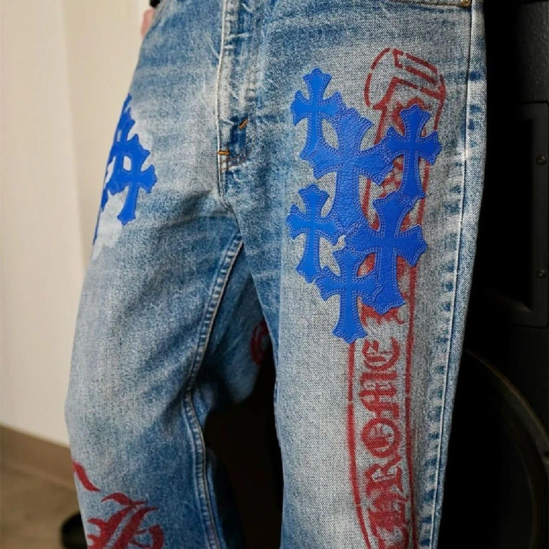 【Chrome Hearts】クロムハーツ 激レア ブルークロスパッチ スプレーペイントジーンズ