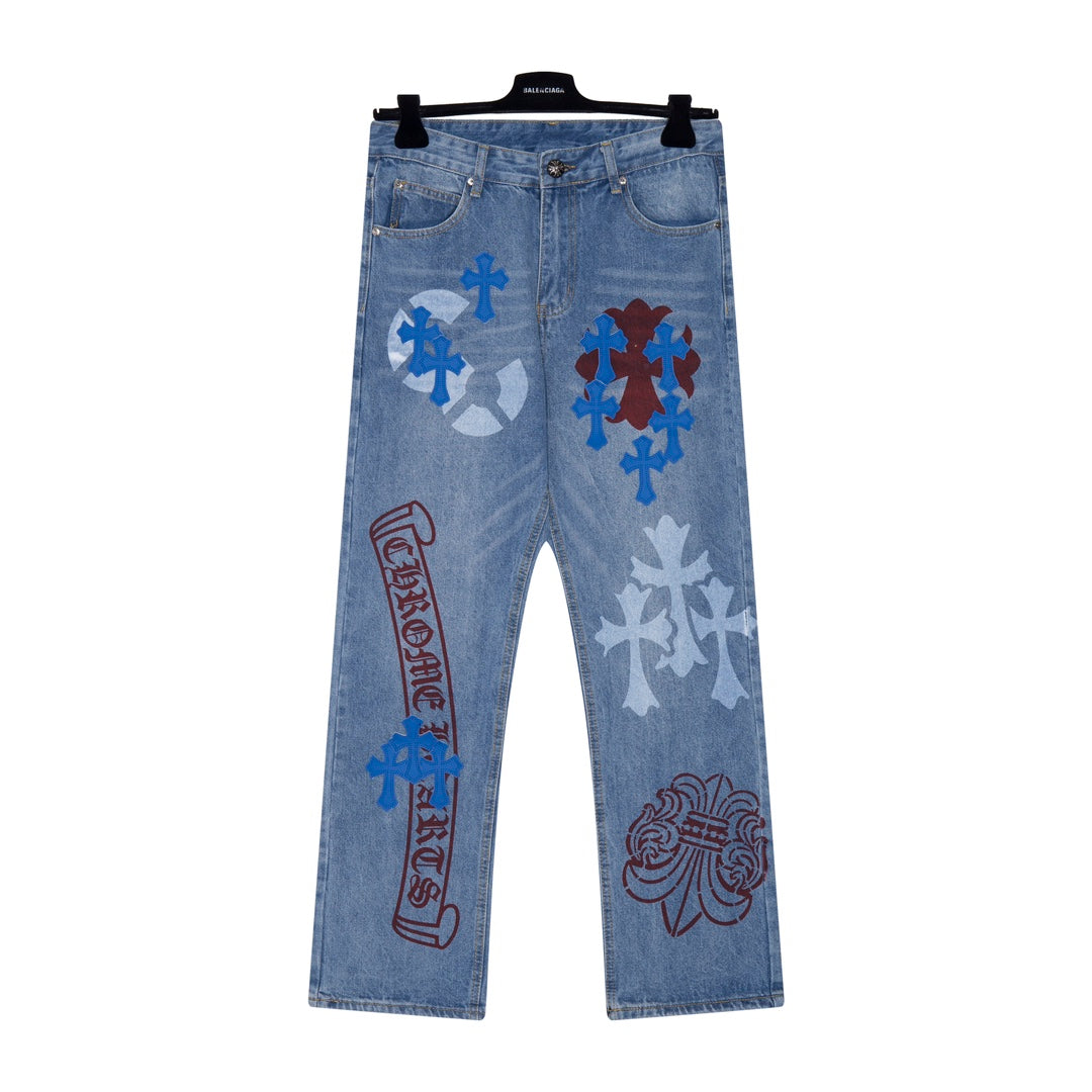 【Chrome Hearts】クロムハーツ 激レア ブルークロスパッチ スプレーペイントジーンズ