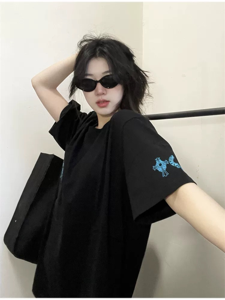 【Chrome Hearts】クロムハーツ Tシャツ ブルー十字架柄 ユニセックス ゆったり半袖