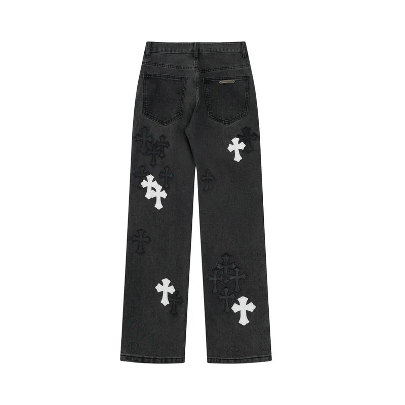 【Chrome Hearts】クロムハーツ ブラック＆ホワイト クロスパッチ フレイムニージーンズ