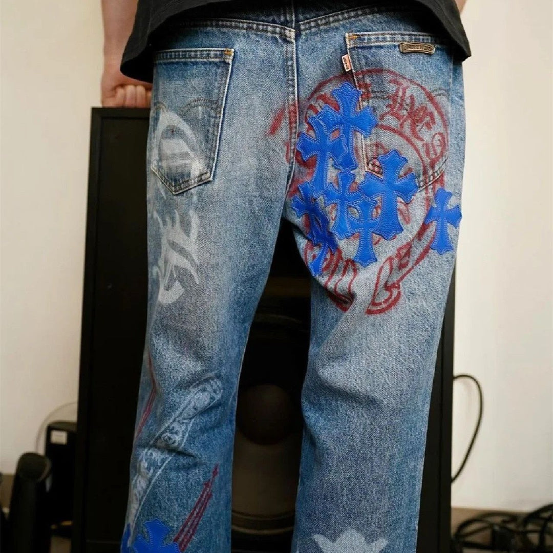 【Chrome Hearts】クロムハーツ 激レア ブルークロスパッチ スプレーペイントジーンズ