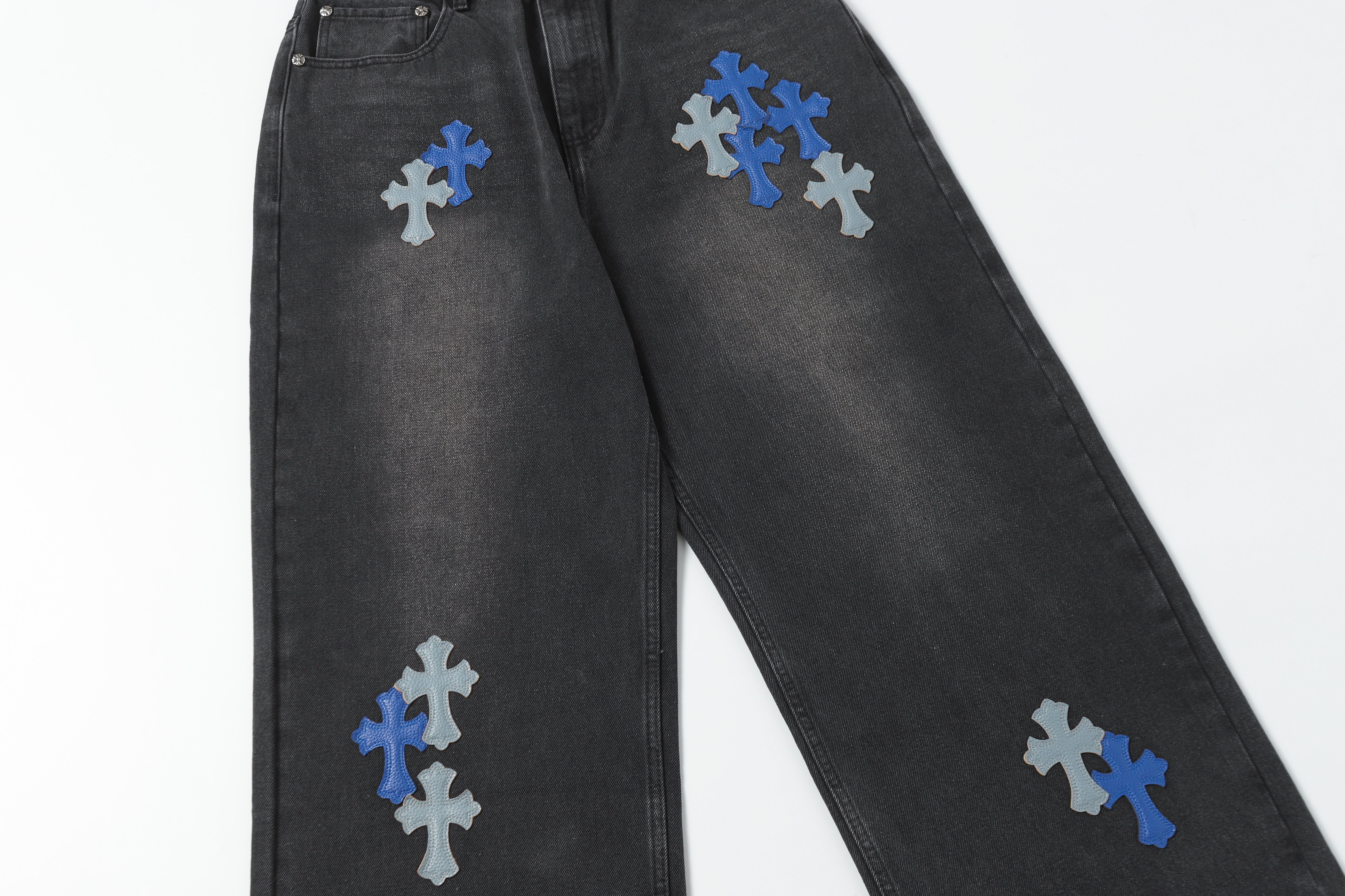 【Chrome Hearts】クロムハーツ グレー＆ブルーレザー クロスパッチジーンズ