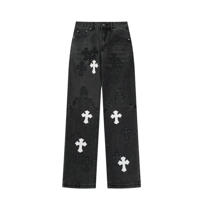 【Chrome Hearts】クロムハーツ ブラック＆ホワイト クロスパッチ フレイムニージーンズ