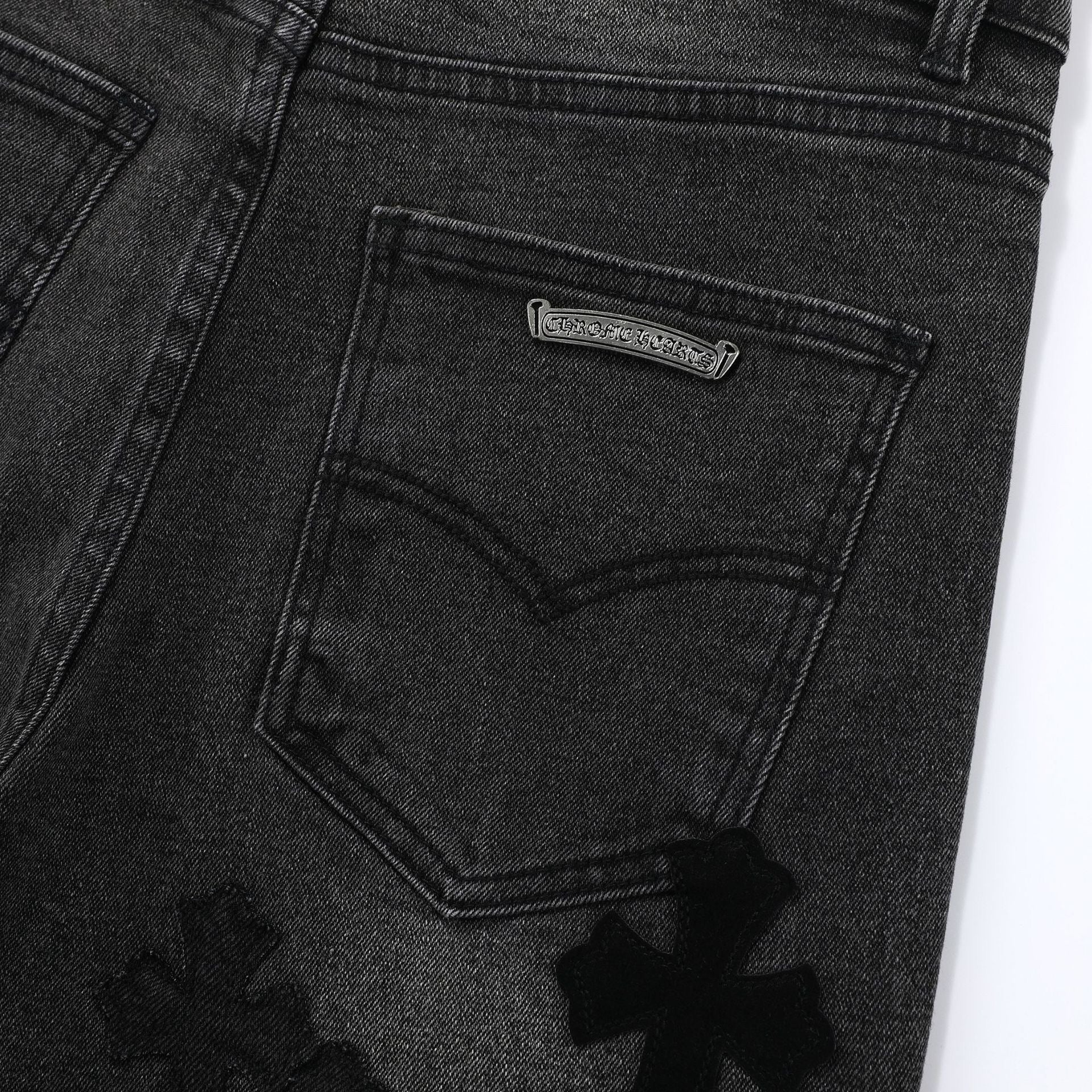 【Chrome Hearts】クロムハーツ ブラック＆グレー シルバークロスパッチジーンズ