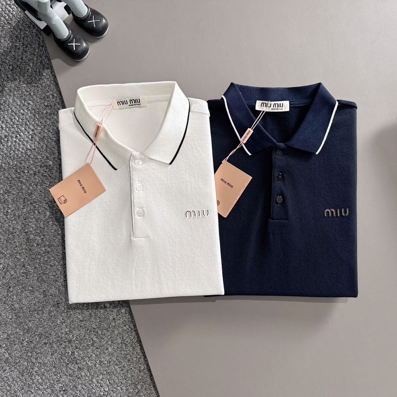 MIU MIU 2025年春夏新作 ネイビー/ホワイト ポロシャツ 半袖 T138063