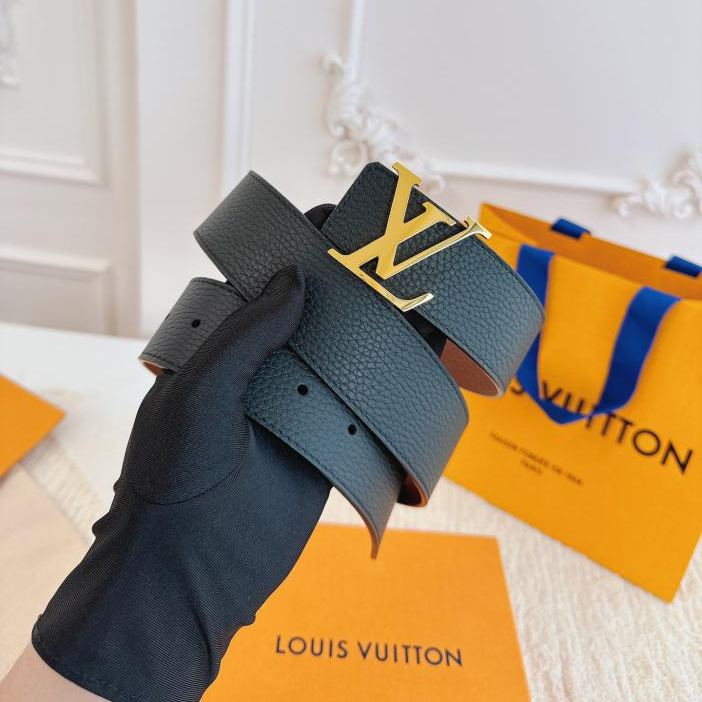 LOUIS VUITTON/ルイ・ヴィトン 4.0cm幅 ブラック & ベージュ 荔枝（リッチ）グレインレザー ベルト ベルト