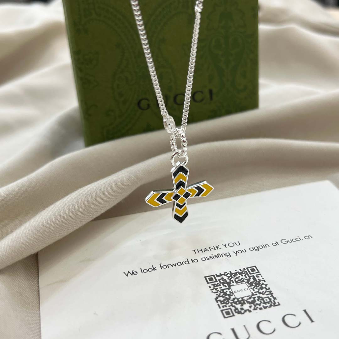 【国内発送/直営店】グッチ GUCCI  チェーンネックレス インターロッキングG十字架プレート エナメルブラックドッグタグ