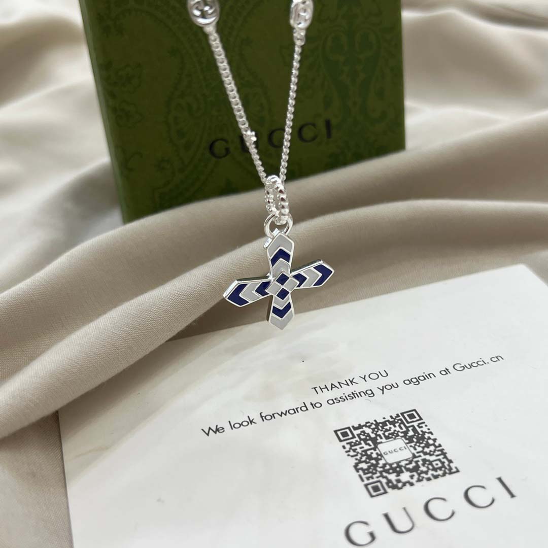 【国内発送/直営店】グッチ GUCCI  チェーンネックレス インターロッキングG十字架プレート エナメルブラックドッグタグ