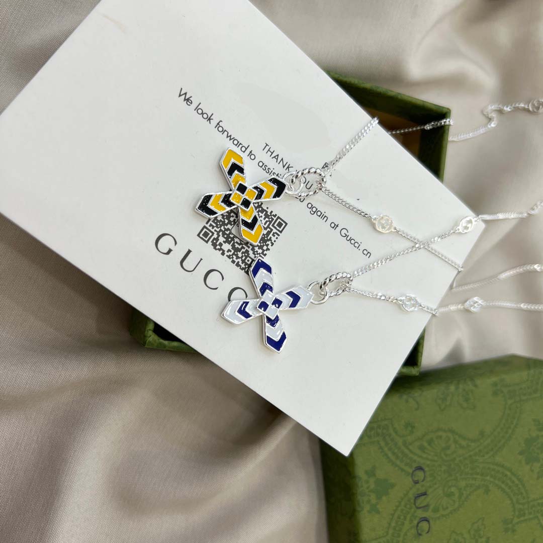 【国内発送/直営店】グッチ GUCCI  チェーンネックレス インターロッキングG十字架プレート エナメルブラックドッグタグ