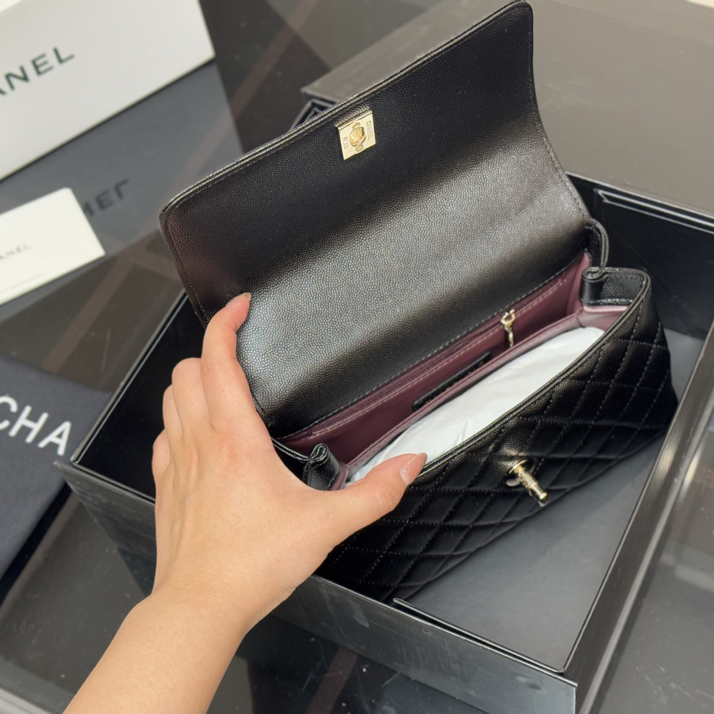 希少 CHANEL/シャネル ココハンドル バッグ チェーン キャビア 24cm