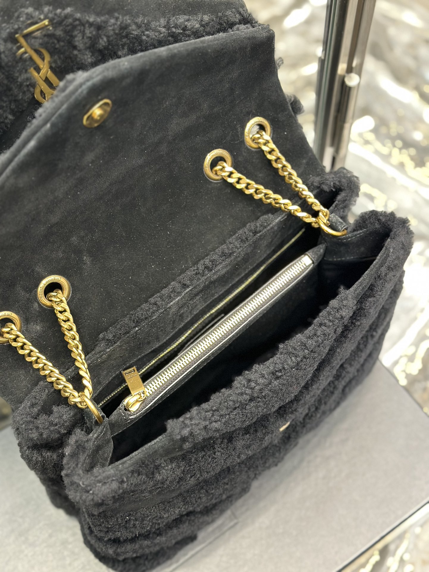 LOULOU SMALL CHAIN BAG IN QUILTED  Y  LEATHER, SATIN AND SEQUINS