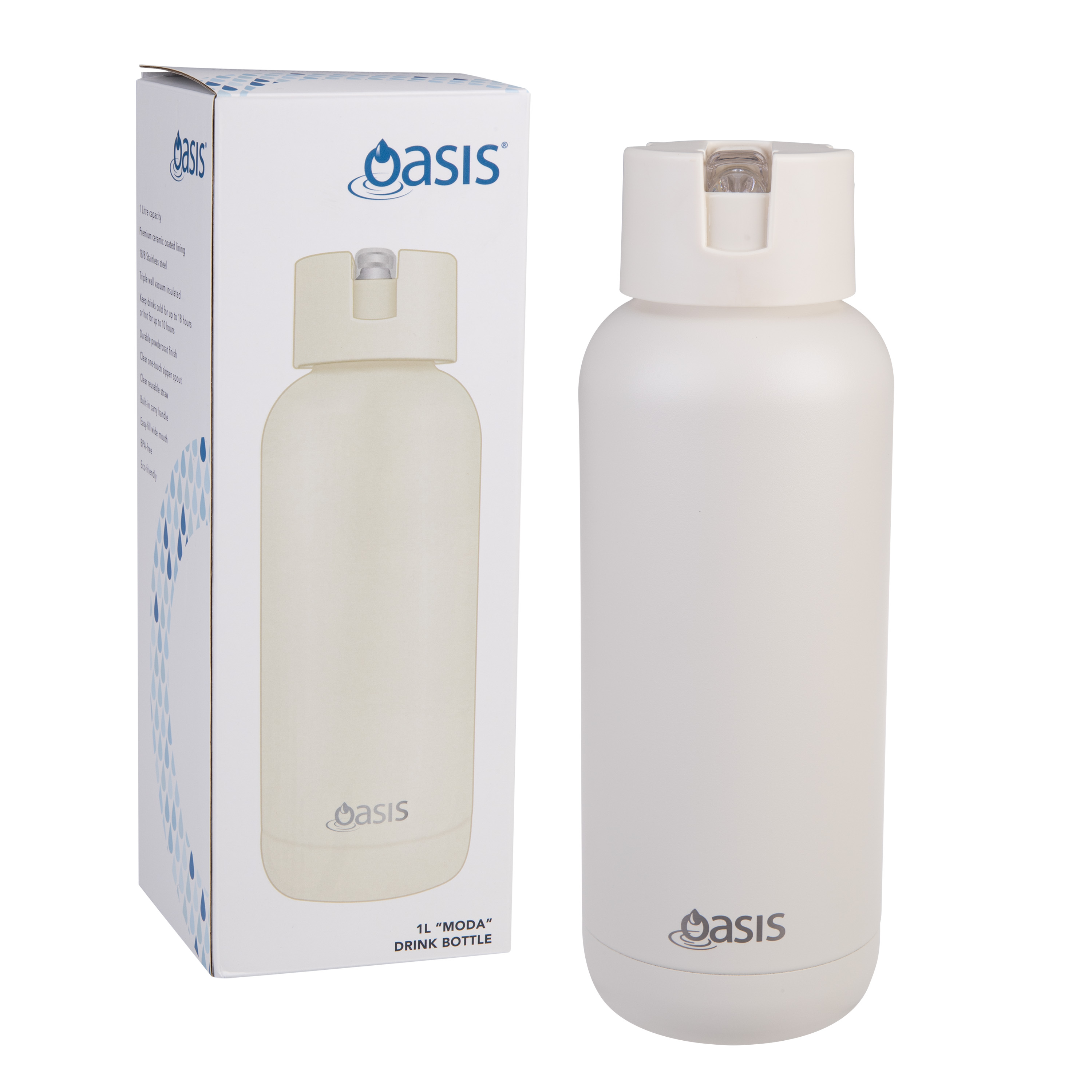 Oasis Stainless Steel Ceramic Moda Triple Wall Insulated Drink Bottle 1 Litre Alabaster
