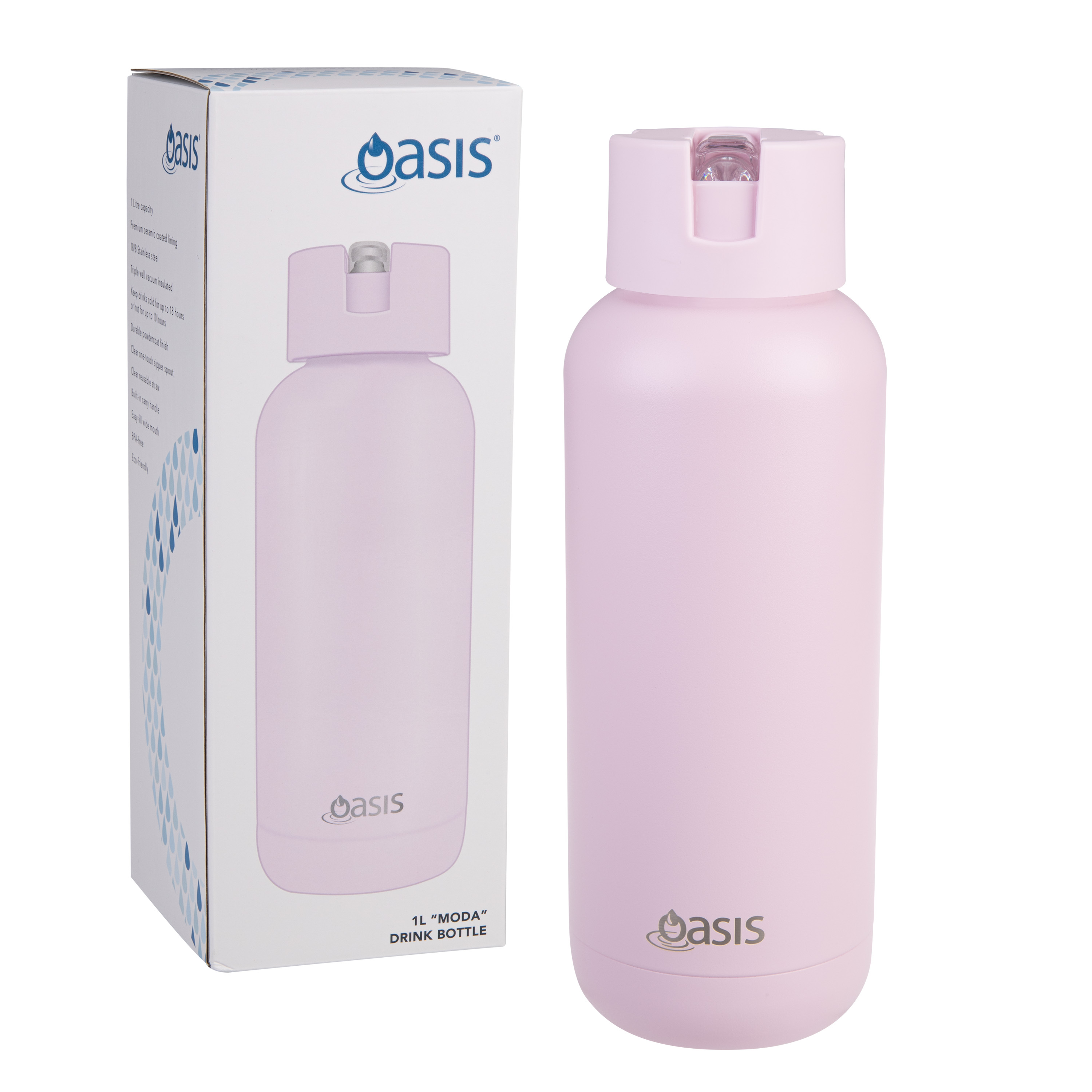 Oasis Stainless Steel Ceramic Moda Triple Wall Insulated Drink Bottle 1 Litre Pink Lemonade