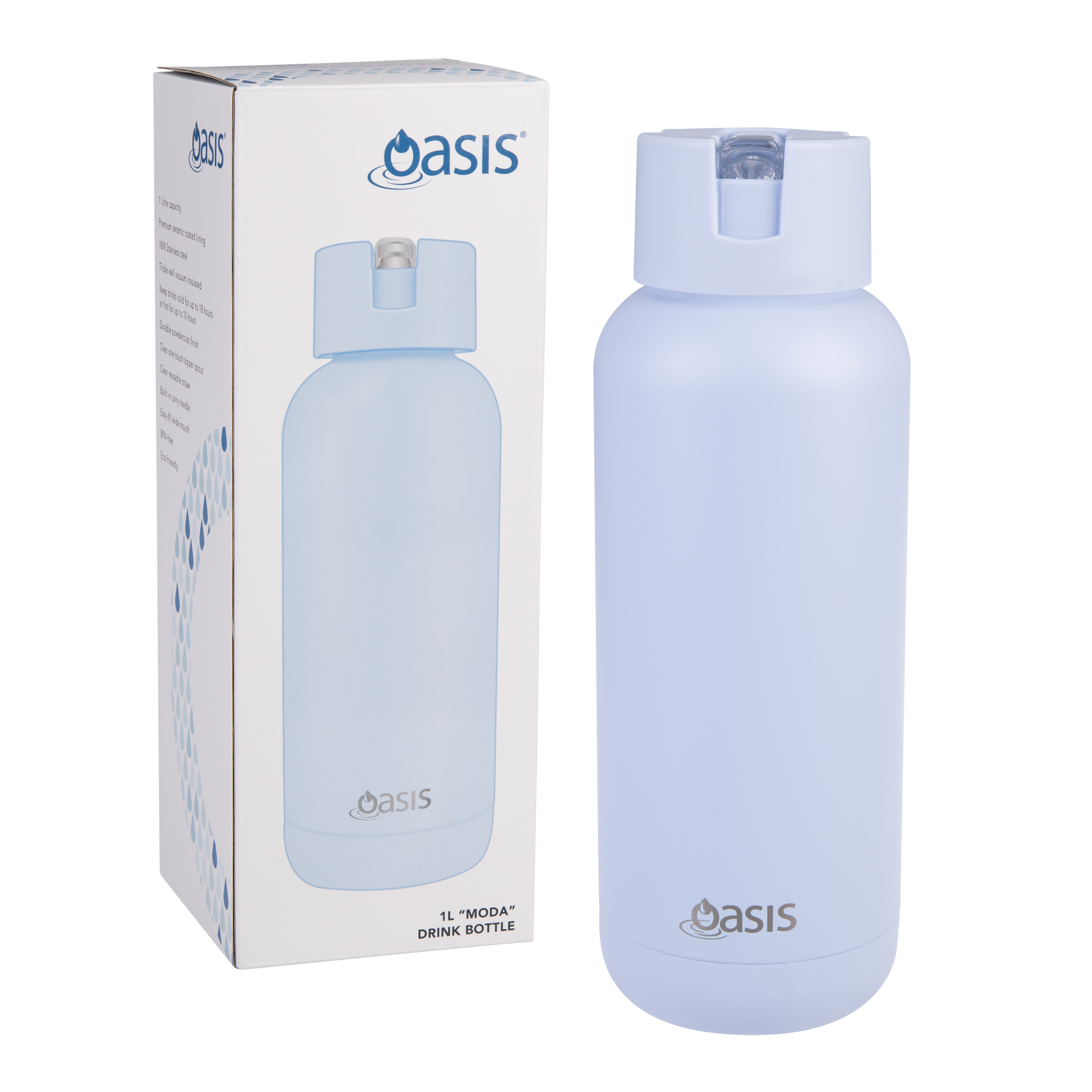 Oasis Stainless Steel Ceramic Moda Triple Wall Insulated Drink Bottle 1 Litre Periwinkle