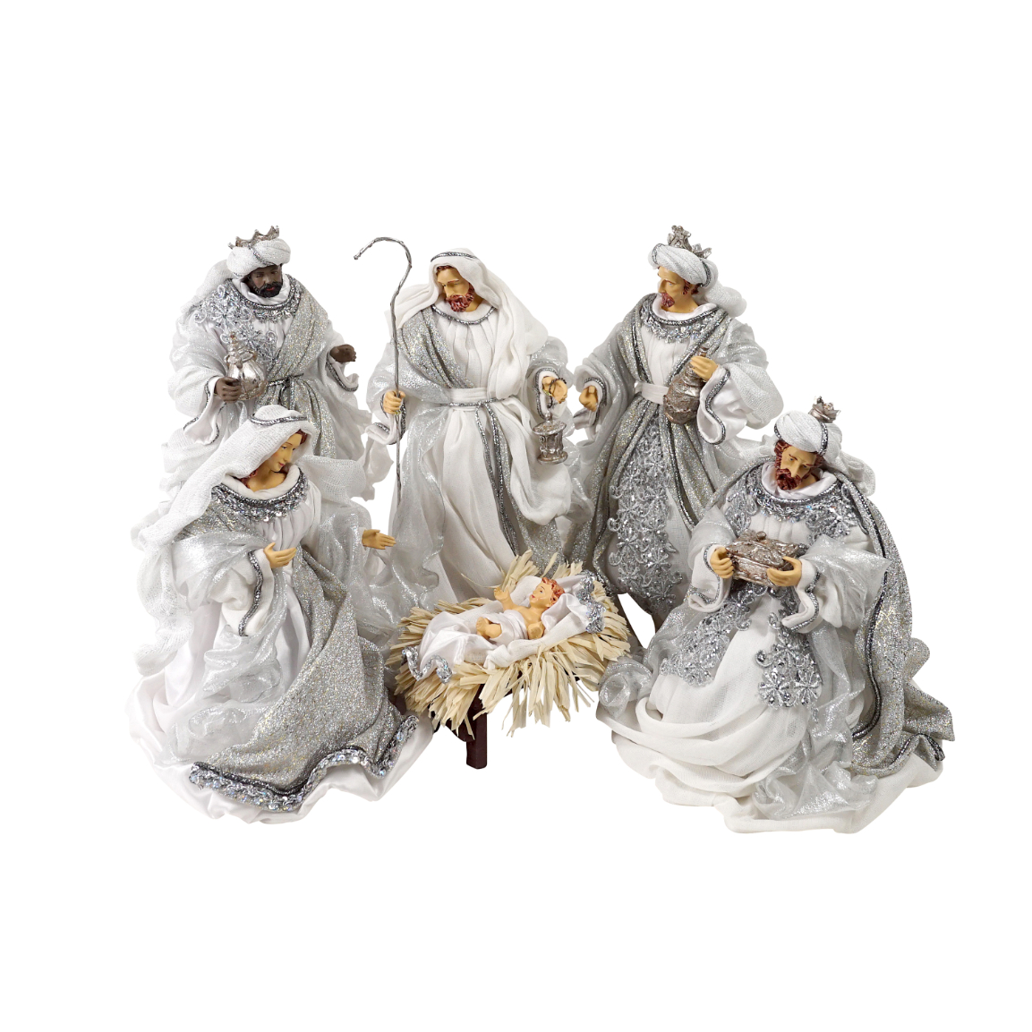 Fabric Mache 36cm White Silver 6 Pce Nativity