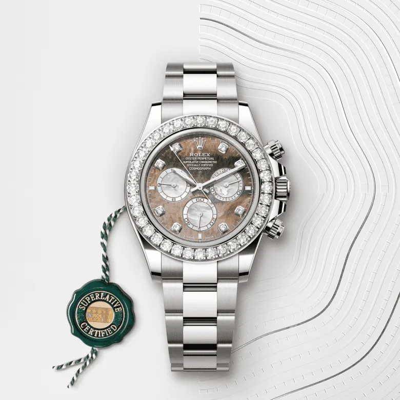 コスモグラフ デイトナ | オイスター、40 mm、ホワイトゴールド、ダイヤモンド リファレンス 126579RBR-0001