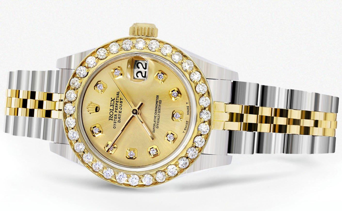 レディース ダイヤモンド ゴールド ロレックス ウォッチ | 1カラット ベゼル | 26mm | ゴールド ダイヤル | ジュビリーバンド