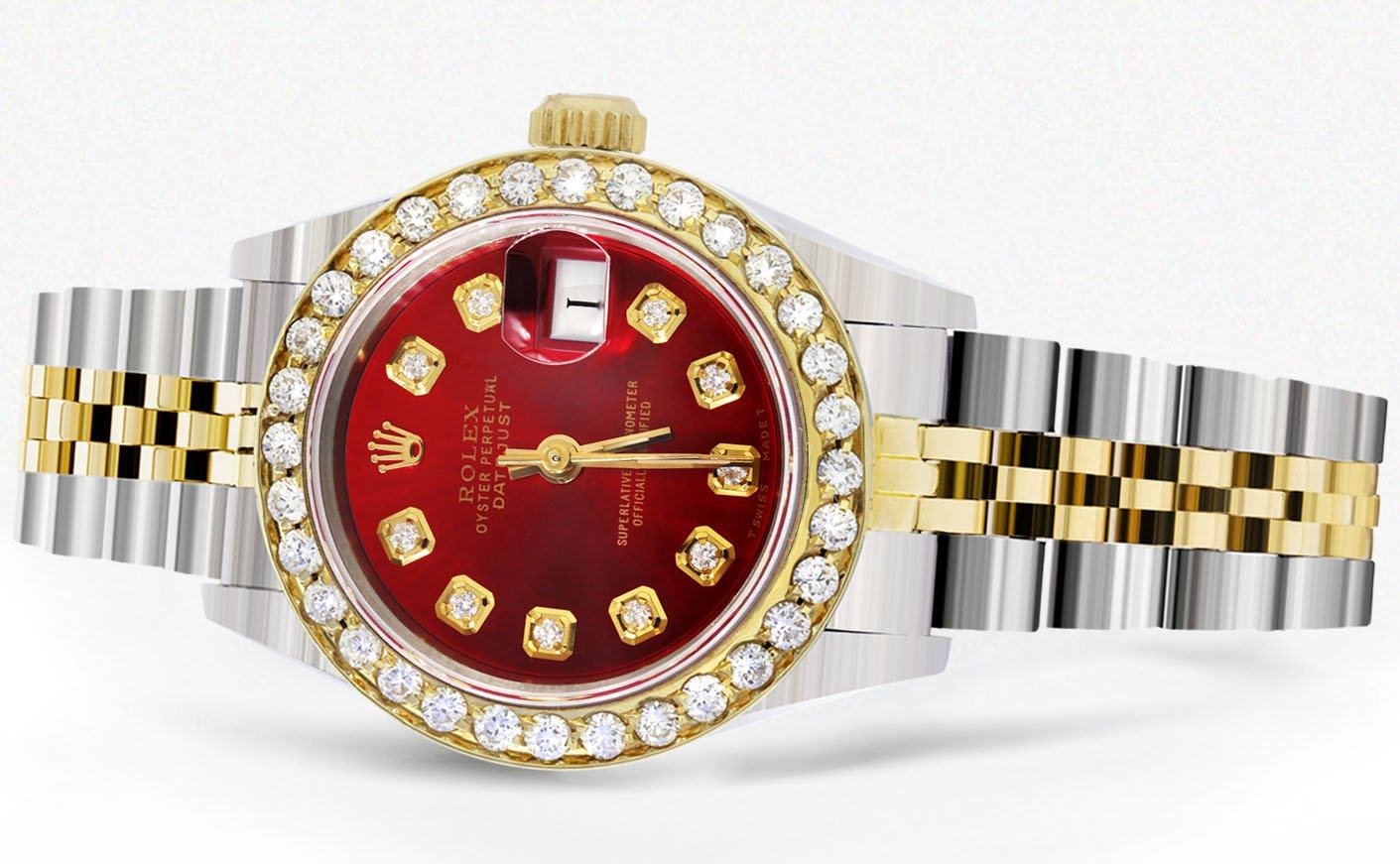 レディース ダイヤモンド ゴールド ロレックス ウォッチ | 1カラット ベゼル | 26mm | レッドパール ダイヤル | ジュビリーバンド