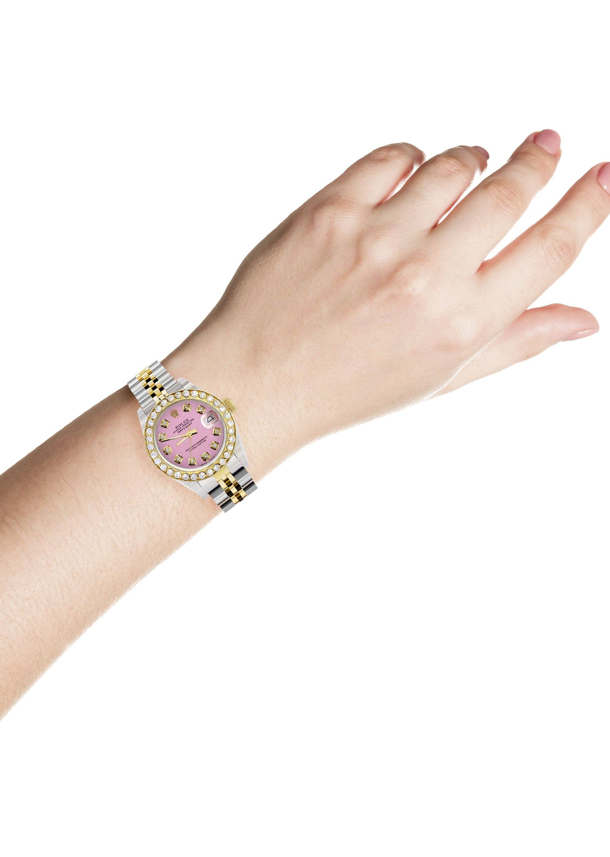 レディース ダイヤモンド ゴールド ロレックス ウォッチ | 1カラット ベゼル | 26mm | ピンク文字盤 | ジュビリーバンド