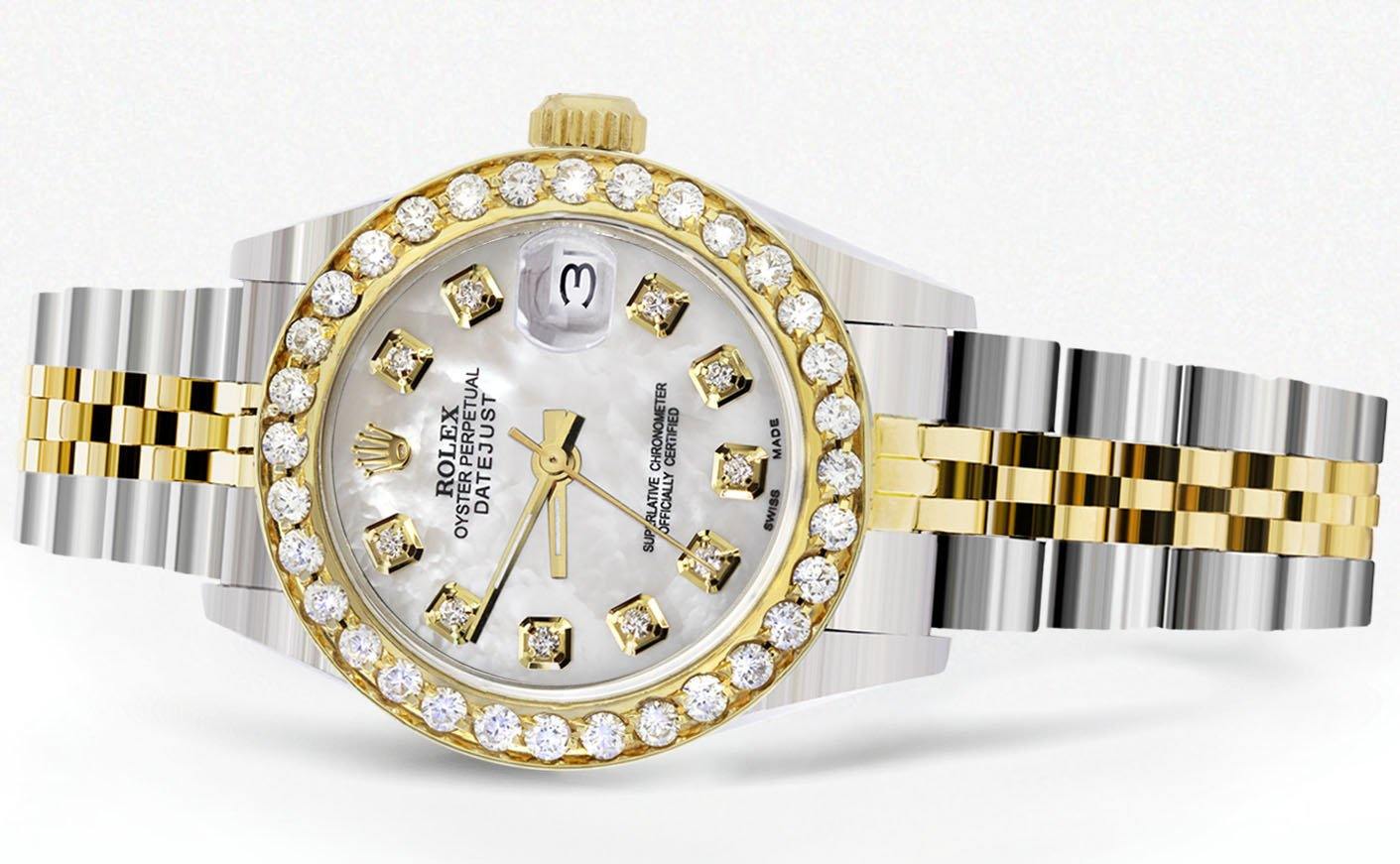 レディース ダイヤモンド ゴールド ロレックス ウォッチ | 1カラット ベゼル | 26mm | マザーオブパール ダイヤル | ジュビリーバンド