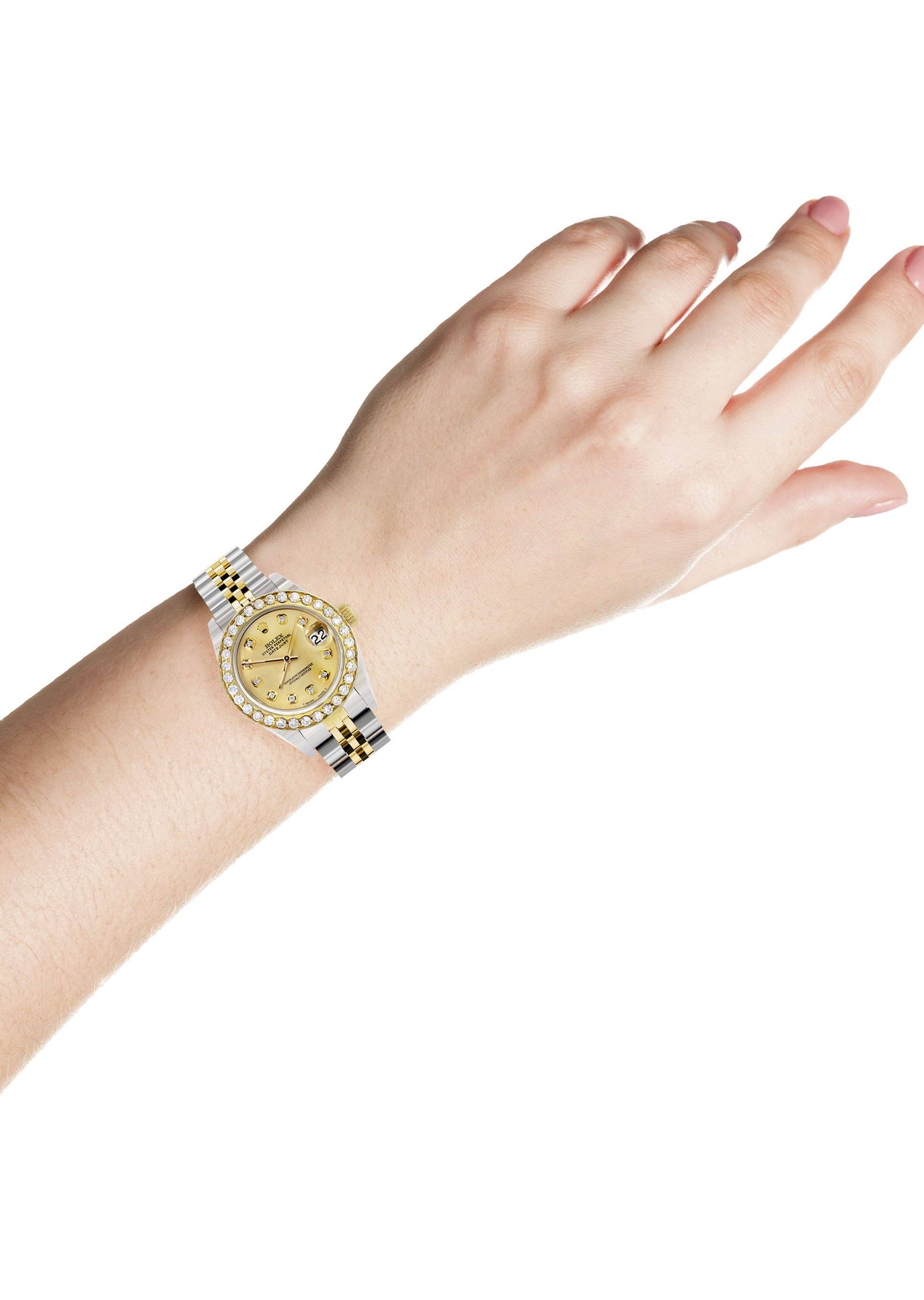 レディース ダイヤモンド ゴールド ロレックス ウォッチ | 1カラット ベゼル | 26mm | ゴールド ダイヤル | ジュビリーバンド