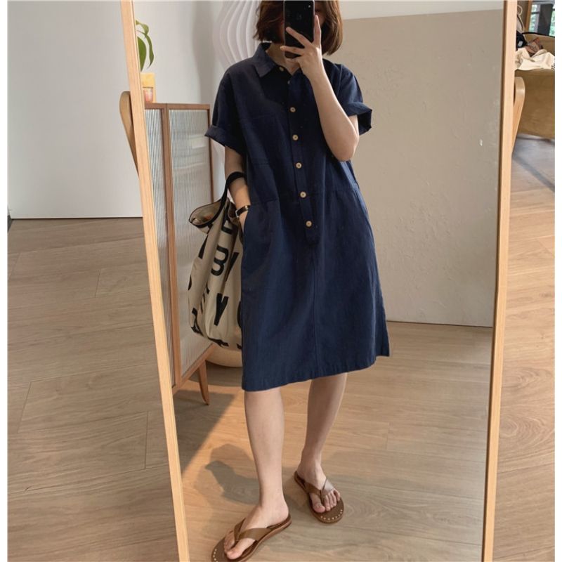 直筒Polo領短袖襯衫式連身裙(2色)