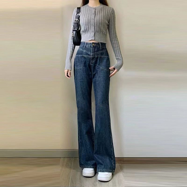 百搭簡約顯瘦高腰微喇牛仔褲