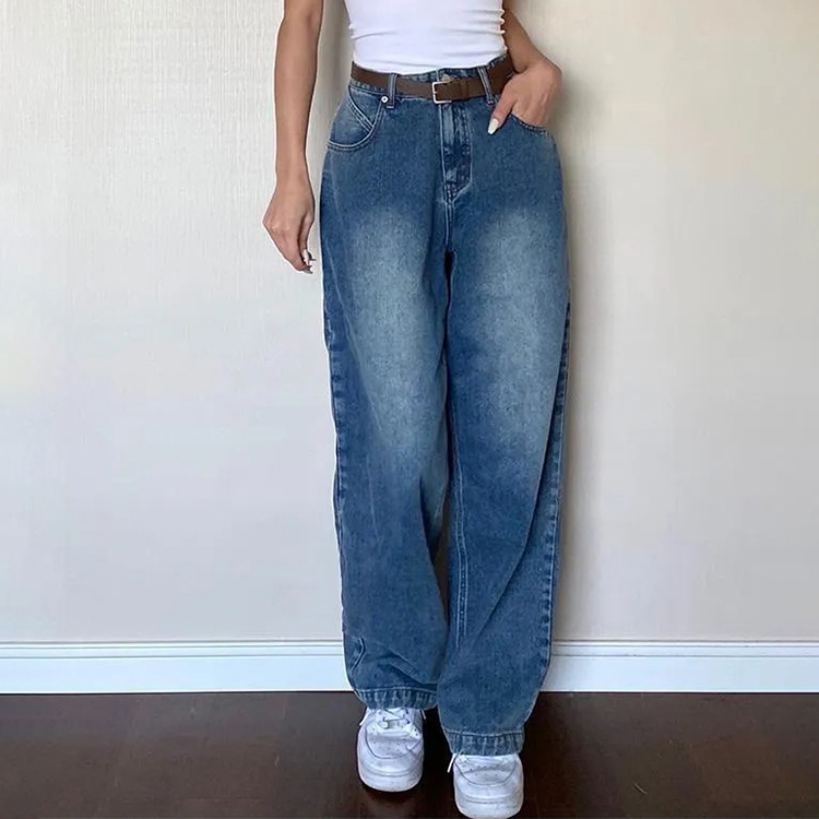 復古寬鬆顯瘦百搭高腰直筒闊腿牛仔褲
