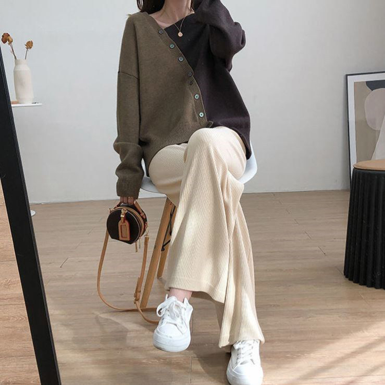 韓係不規則休閒軟糯拼色斜襟套頭針織長袖(2色)