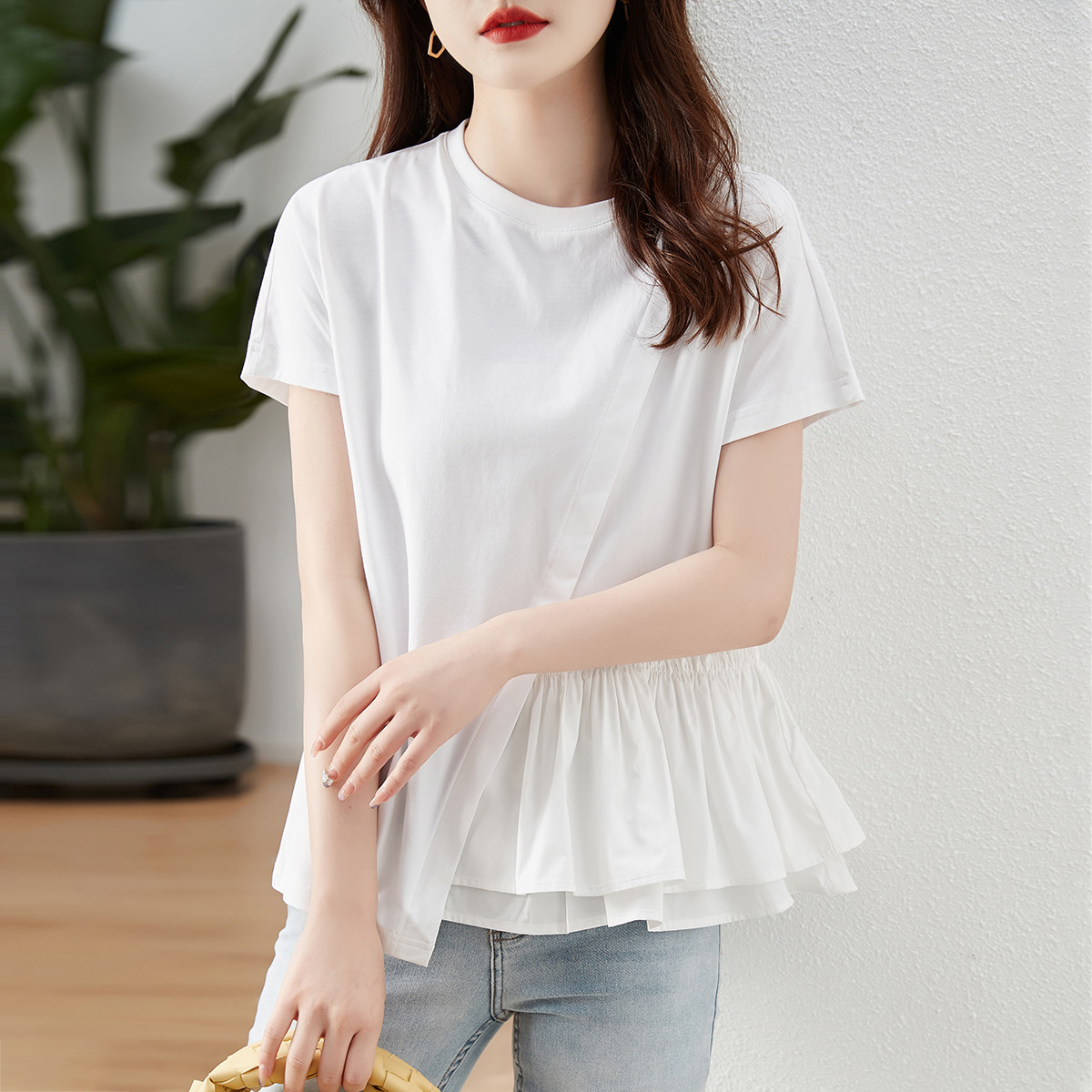不規則拼接別緻荷葉邊設計感T恤