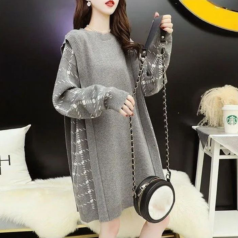 寬鬆慵懶風甜美中長款針織洋裝(2色)