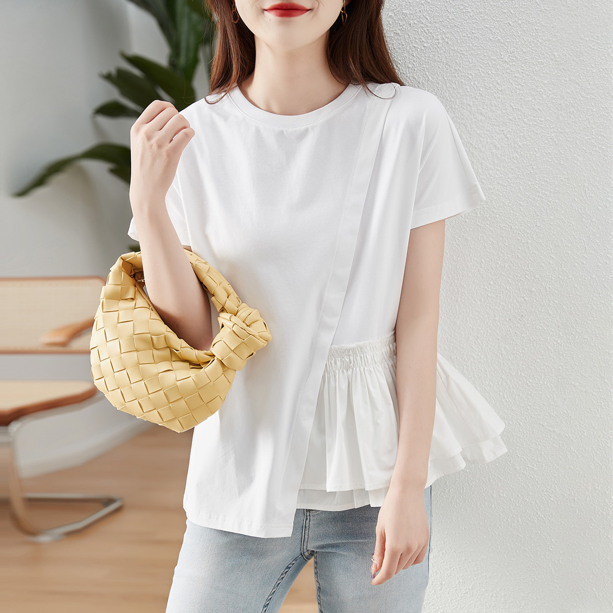 不規則拼接別緻荷葉邊設計感T恤