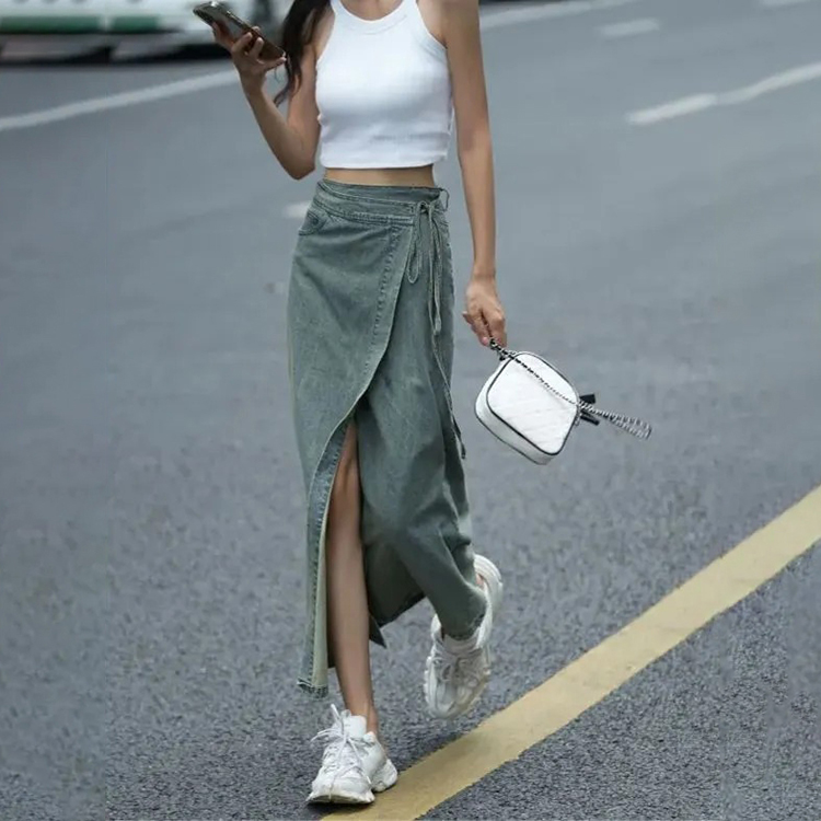 復古水洗牛仔高腰開叉設計半身裙