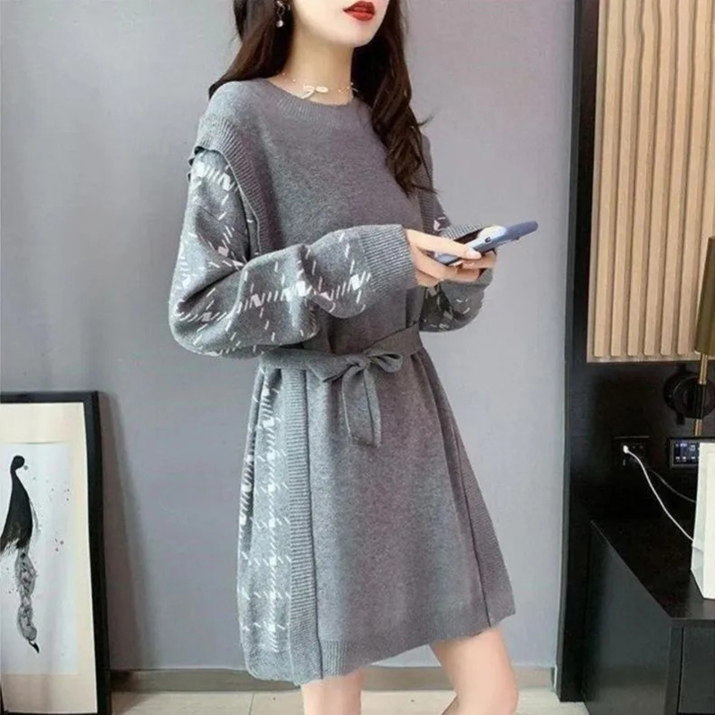 寬鬆慵懶風甜美中長款針織洋裝(2色)