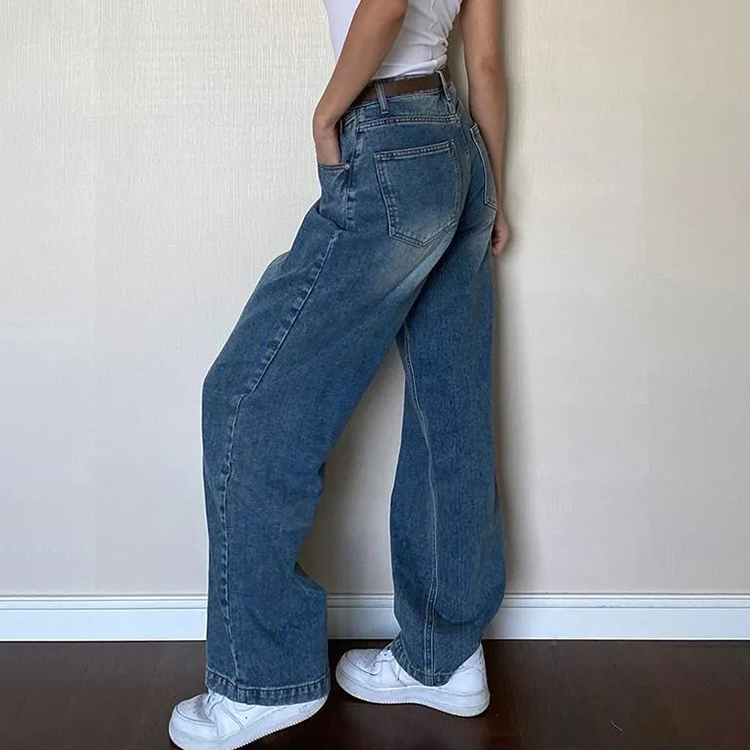 復古寬鬆顯瘦百搭高腰直筒闊腿牛仔褲