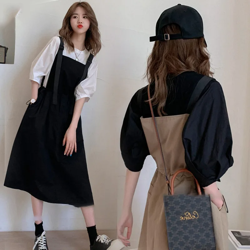 韓式純色泡泡袖上衣/顯瘦收腰背帶連身裙/套裝（2色）