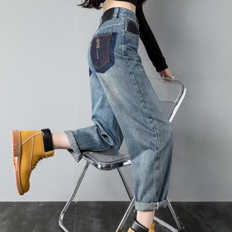 撞色口袋設計高腰大碼牛仔褲