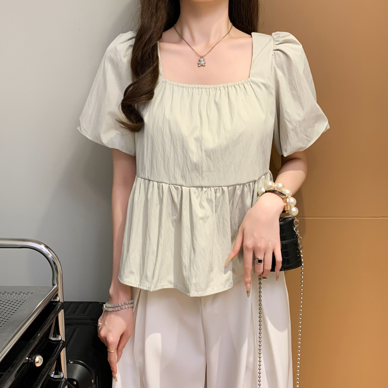 方領短袖繫帶收腰娃娃衫(2色)