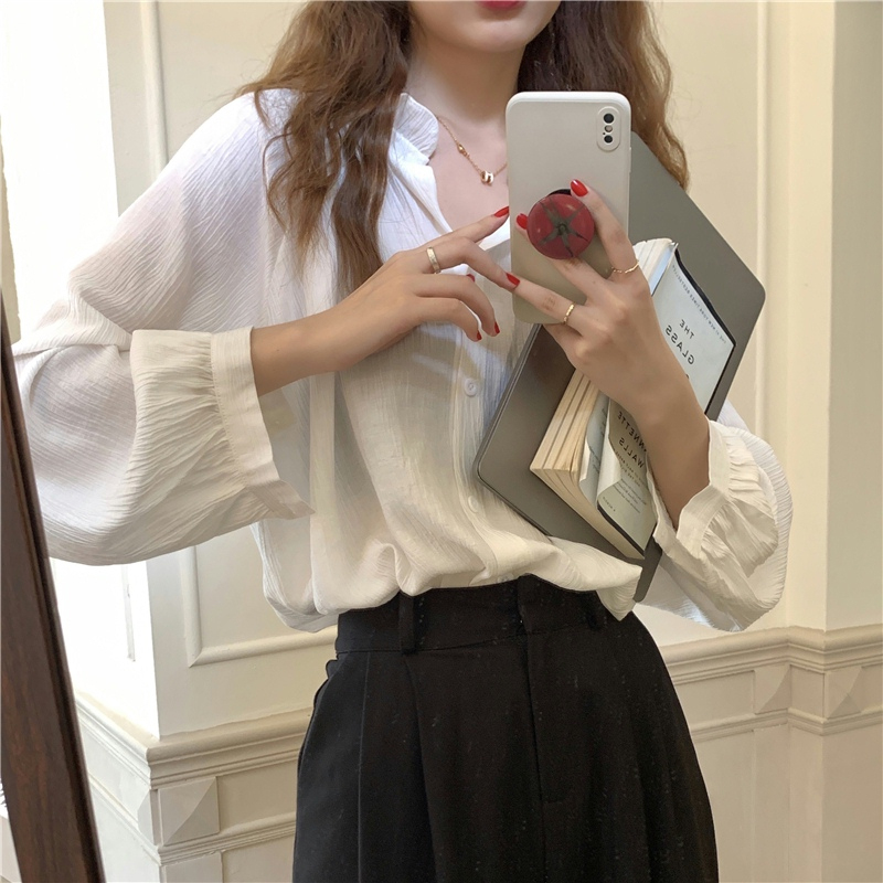 簡約木耳邊V領長袖襯衫