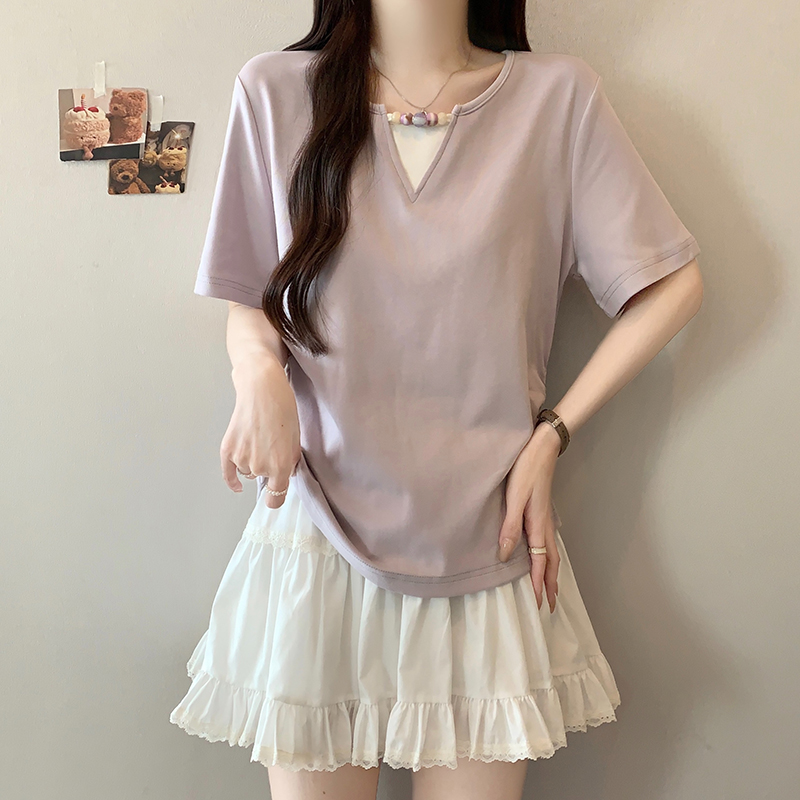 洋氣圓領假兩件短袖T恤