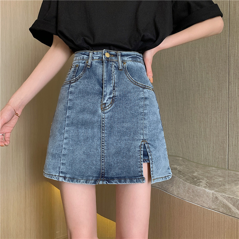 高腰開叉彈性A字牛仔裙(2色)