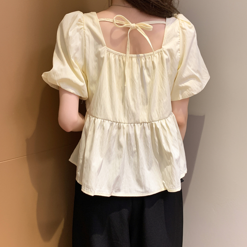 方領短袖繫帶收腰娃娃衫(2色)