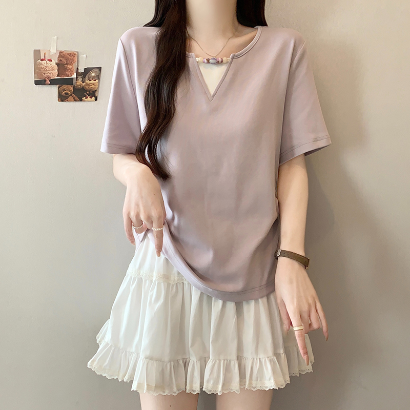 洋氣圓領假兩件短袖T恤