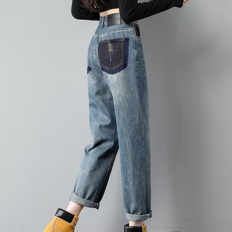 撞色口袋設計高腰大碼牛仔褲