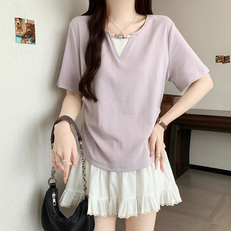 洋氣圓領假兩件短袖T恤