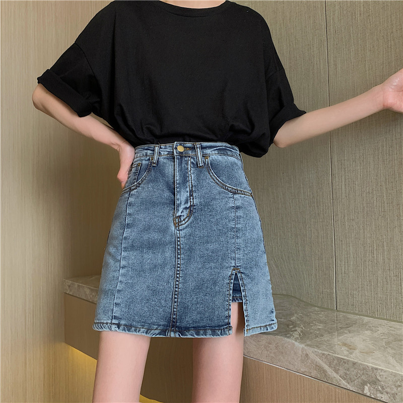 高腰開叉彈性A字牛仔裙(2色)