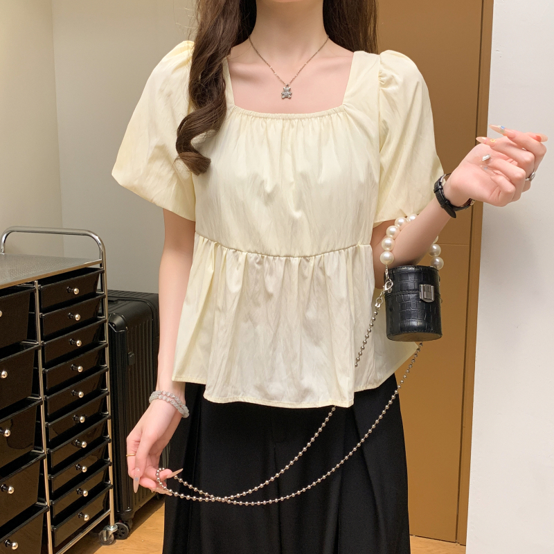 方領短袖繫帶收腰娃娃衫(2色)